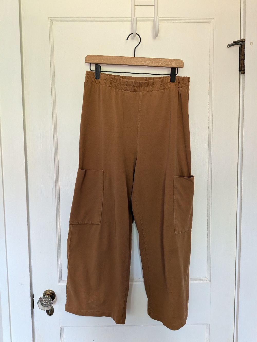 Zara Camel Elastic-Waist Cropped Cotton Pants | L